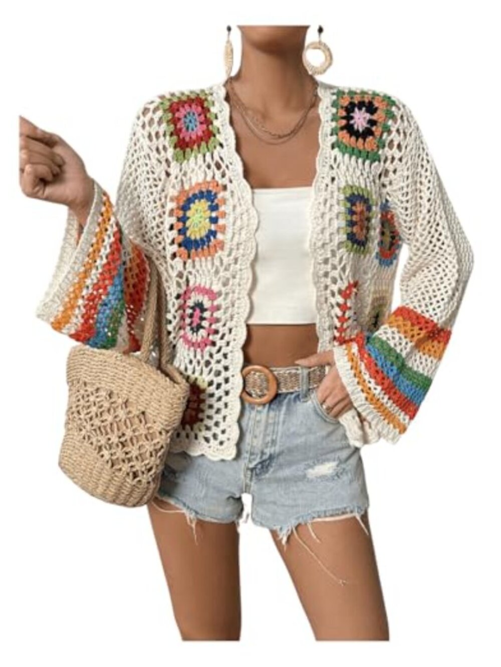 Crochet Cardigan Hollow Out Open Front Bell Sleeve